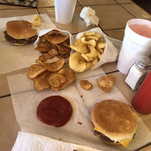 3 cheeseburgers without, home style chips sidewinder fries, pink lemonade and diet Coke