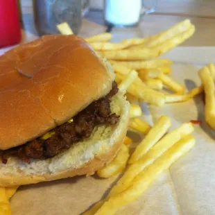 Burger without and fries. Bills Hamburgers