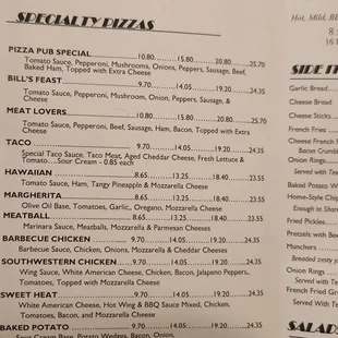 Menu pizza