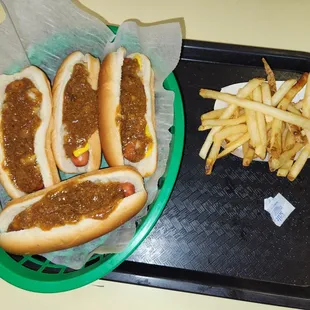 Delicious chili dogs and hot, crispy French fries