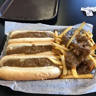 3 Hot dogs w/everything and chili fries