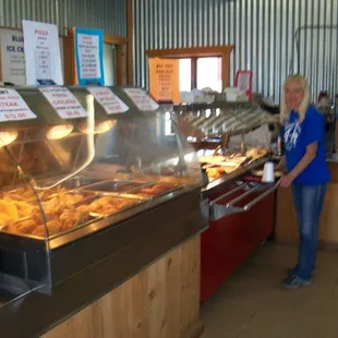 a woman in a blue shirt