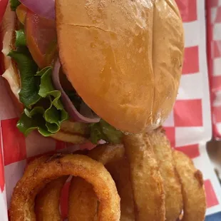 a burger and onion rings