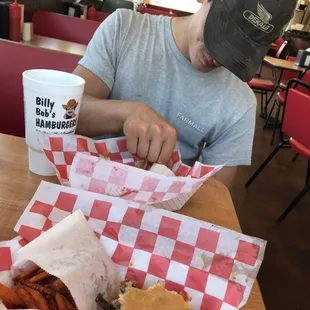 Giant 3 Alarm with sweet potato fries.