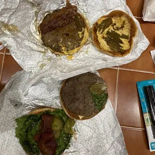 1 piece of bacon in each burger, after they forgot to initially add more than 1 piece.