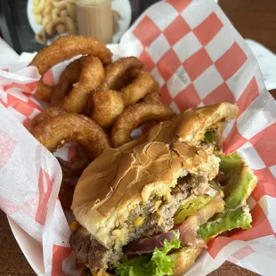 Giant (double patty) burger and onion rings