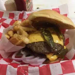 Heart Attack Burger: (quadruple cheeseburger) I ordered it with jalapeños and bacon but I ever got the bacon, the fries were mediocre.
