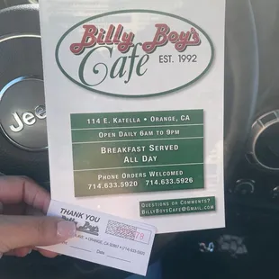 Billy Boys Cafe Menu