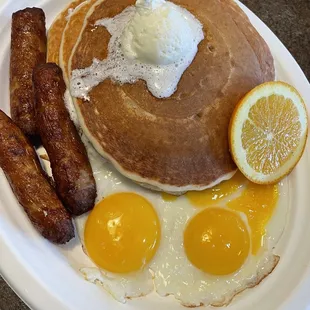 Eggs, sausage, and pancakes.