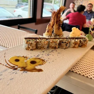 a sushi roll on a table
