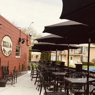 tables and umbrellas outside