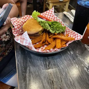 Burger with sweet potato fries.
