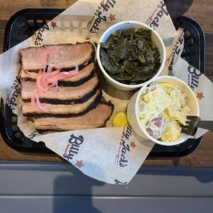 Brisket, collard greens, potato salad
