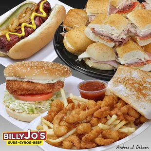 a plate of food including a hot dog, fries, and a sandwich