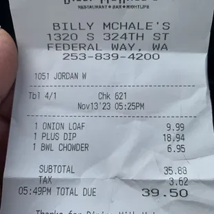 bill michael&apos;s receipt