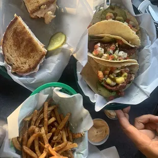 Fish Tacos, Turkey Club Sandwich, and Sweet Potato Fries