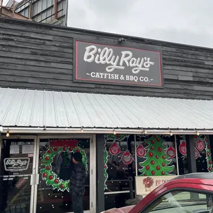 This is the front door to Billy Ray&apos;s. Nice Christmas decorations.