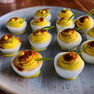Deviled Eggs  Mustard, paprika, scallion, crispy prosciutto