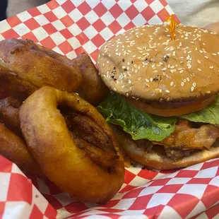 The herd burger and onion rings