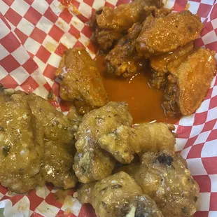Bone-in wings- Buffalo and garlic parm