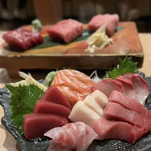Sashimi platter (front) and bluefin sashimi trio (back)