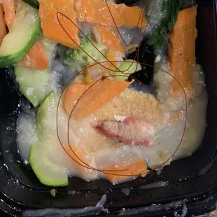 Pork in the veggie, tofu w/white wine sauce menu item.