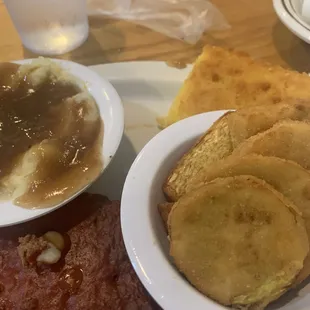 Meatloaf, mashed potatoes and fried squash