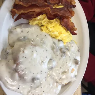 Biscuits &amp; gravy, eggs, bacon