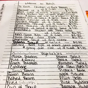 The hand-written menu with lots of good stuff