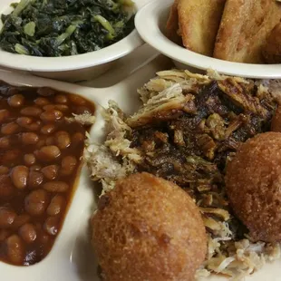 BBQ plate, fried squash, turnip greens, Baked beans