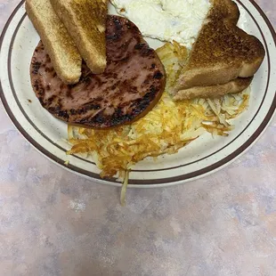 Egg whites, slice of ham, hashbrowns, and toast