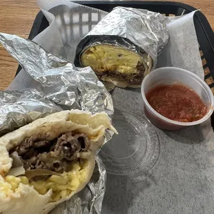 Steak and cheese burrito without potatoes. It was very good. I don&apos;t recommend the cold salsa. Taste good with ketchup.