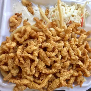 Fried clams, cole slaw, French fries, onion rings