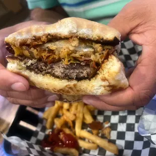 Papa burger and fries with really dry, flavorless meat patty.