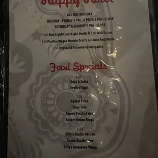 Happy hour menu