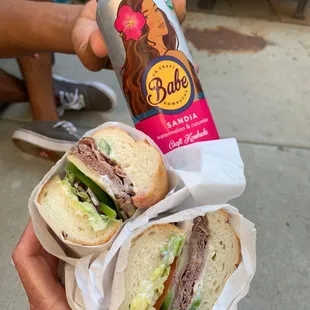 Roast beef sub with a babe .