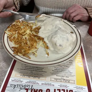 Biscuits and gravy with a half order of hash browns.