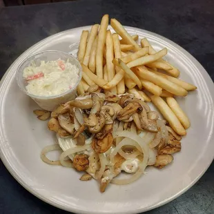 Smothered Chicken, grilled chicken breast, sauteed mushrooms and onions topped with Swiss choose
