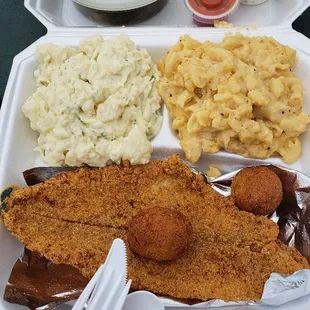 Fried catfish. Potato salad. Mac n cheese. Hush puppies.