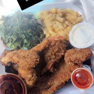 Catfish and shrimp with greens and Mac n cheese