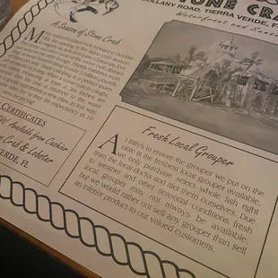 Place mat with information about stone crabs etc...