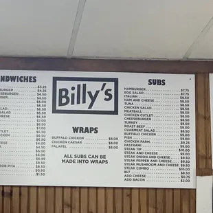 Subs and sandwiches menu