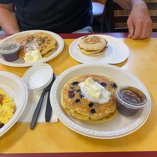 Bacon &amp; Egg Sandwich, Blueberry Pancakes, Chocolate Chip Pancakes