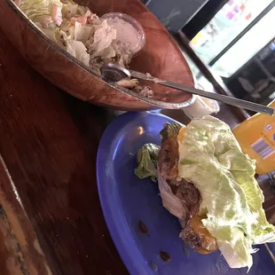 Thursday $3 burger no bun, I used lettuce from my 1/2 wedge salad. Perfect!