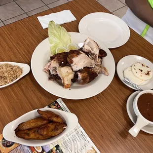 Rotisserie Chicken , sweet plantain, frijoles (beans) and arepa !