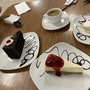 Desert: cheesecake, chocolate cake, tres leches, and an espresso