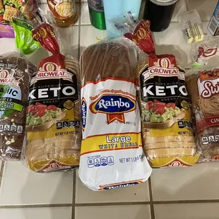 Keto bread, organic multi grain, cinnamon bread and white