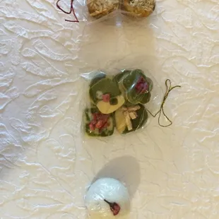 Sesame coconut red bean mini cupcakes, matcha cookies, and red bean chestnut steamed bun