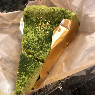 Matcha cheesecake with gold leaf