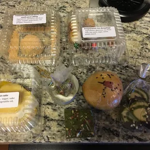 Cinnamon mochi with azuki, dango, sake cake, matcha trail mix, matcha white choc brownie, anpan, choc dipped matcha cookies